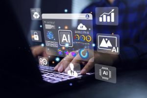 A person types at a computer, with various windows with graphs popping out over their hands, including a box that says AI.