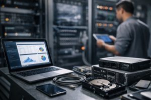 IT asset lifecycle management setup with laptop dashboard, server racks, hardware devices and technician in data center