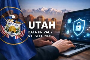 Utah data privacy and IT security concept with state flag, Salt Lake City skyline, and secure laptop with digital lock icon.