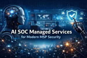 AI-powered SOC dashboard showing cybersecurity monitoring, threat detection, and AI automation for MSPs.