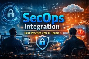 SecOps integration concept showing IT professionals monitoring security systems with cloud and cyber visuals.