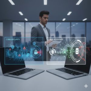 Professional office showing holographic screens comparing cybersecurity defense shields and cyber resilience recovery icons.