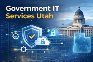 Feature image alt text: Government IT services Utah with cybersecurity, cloud, servers, and Utah State Capitol in modern tech design.
