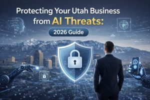 Showing a businessman securing Salt Lake City with AI cybersecurity icons, shield, and digital protection.