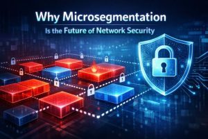 Microsegmentation Network Security visual showing segmented network blocks, locks, and a cybersecurity protection shield.