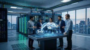 Professional IT team in a modern data center reviewing Cloud 3.0 and hybrid infrastructure on a holographic display.