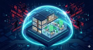 Small business office protected by a digital shield against AI-driven cyber threats and phishing.