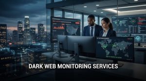 A photograph of a security team in a high-rise command center monitoring screens for "DARK WEB MONITORING SERVICES."