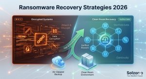 Infographic of Ransomware Recovery 2026 showing air-gapped backups and clean room recovery for Solzorro IT.