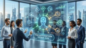 ITSM automation trends 2026: A digital dashboard showing AI agents, predictive analytics, and enterprise IT workflows.