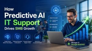Predictive AI IT support dashboard showing proactive monitoring and SMB growth