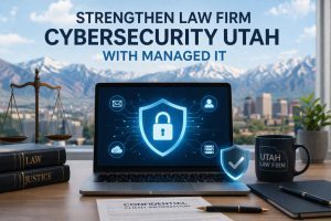 Laptop showing cybersecurity shield, law books, Utah city view, representing law firm IT protection and security.