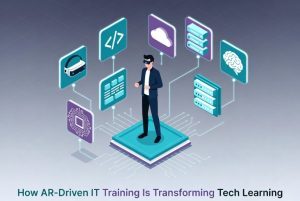 Isometric 3D illustration of a man using AR glasses for IT training with floating tech icons.
