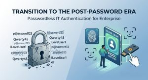 A secure biometrics interface and key, illustrating the transition to passwordless IT authentication for the enterprise.