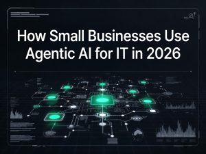 Digital network graph of Agentic AI nodes for small business IT in 2026.