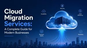 Cloud migration services illustration with secure business cloud network