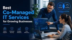 Co-managed IT team reviewing dashboards in modern office