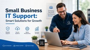 Small business IT support team working on laptop