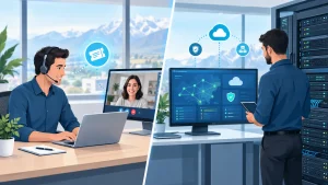 IT support vs help desk comparison showing a help desk technician and an IT engineer