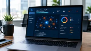 Cybersecurity dashboard showing a network vulnerability scan with blue and orange risk nodes.
