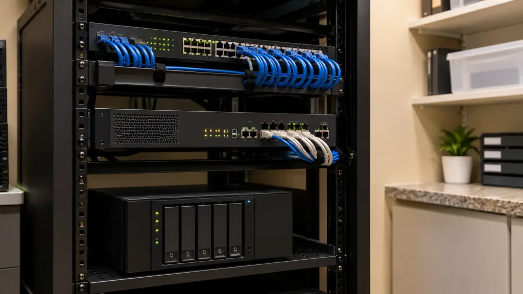 Network rack and backup appliance in a dental office server closet