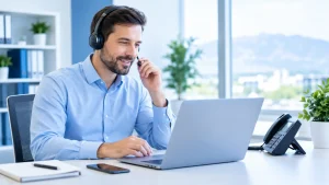 Small business owner using VoIP headset and laptop to manage business phone calls
