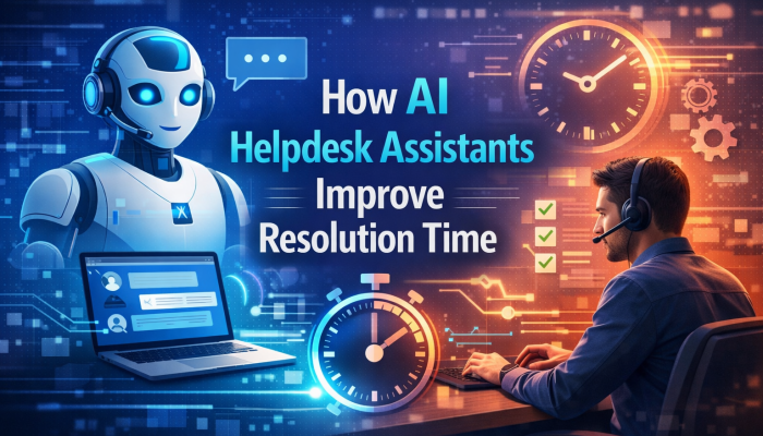 AI helpdesk assistant and human agent resolving tickets quickly with futuristic interface and clocks showing faster resolution.