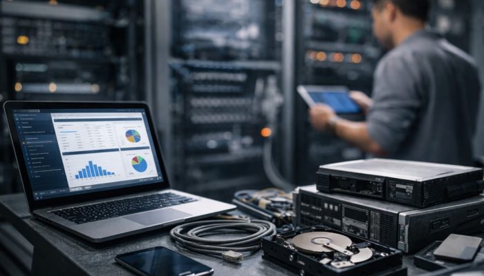 IT asset lifecycle management setup with laptop dashboard, server racks, hardware devices and technician in data center
