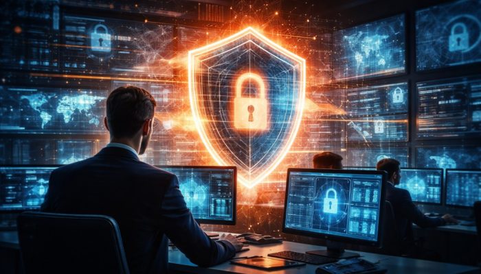 Incident response team monitoring cyber threat dashboards with digital shield protecting business network security in 2026