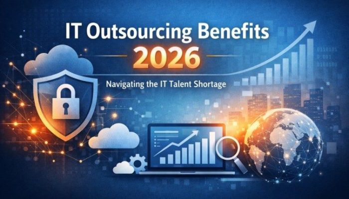 IT outsourcing benefits 2026 with cybersecurity shield, cloud icons, and global connectivity illustration.
