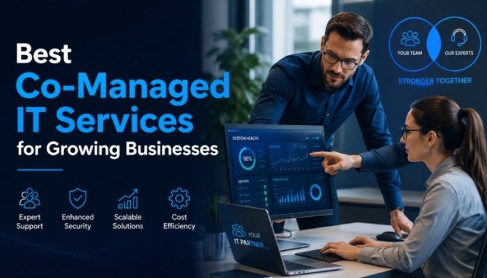 Co-managed IT team reviewing dashboards in modern office