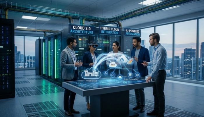 Professional IT team in a modern data center reviewing Cloud 3.0 and hybrid infrastructure on a holographic display.