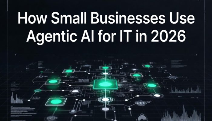 Digital network graph of Agentic AI nodes for small business IT in 2026.
