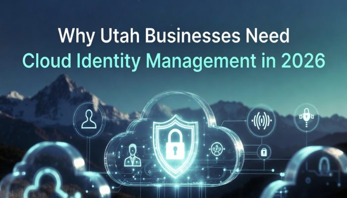 Utah mountains with cloud security icons and title: Why Utah Businesses Need Cloud Identity Management in 2026