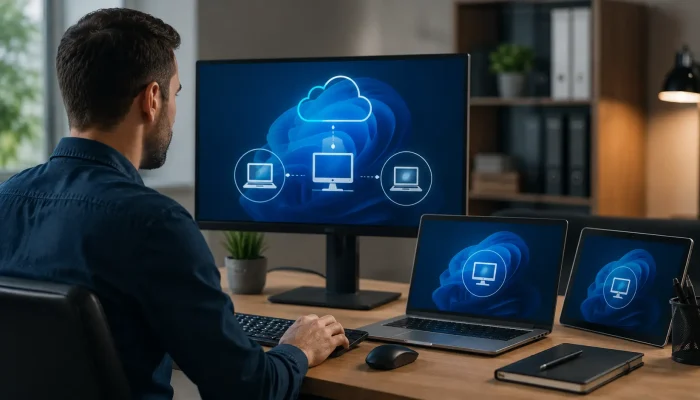 Man using remote desktop services on multiple devices