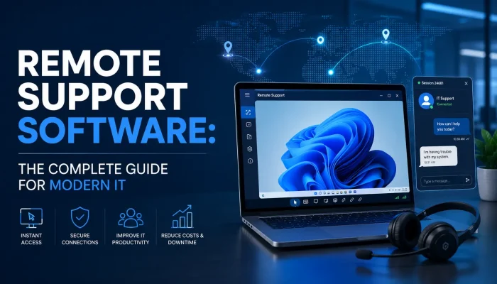 Remote support software guide banner with laptop and IT theme