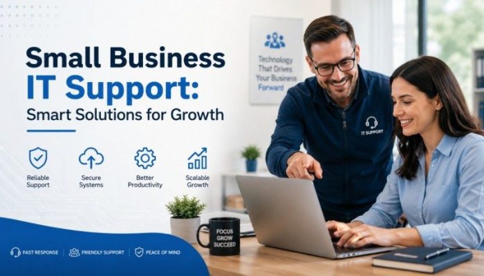 Small business IT support team working on laptop