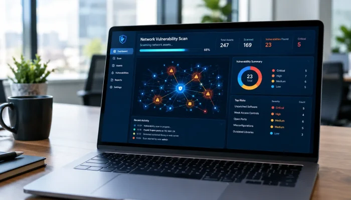 Cybersecurity dashboard showing a network vulnerability scan with blue and orange risk nodes.