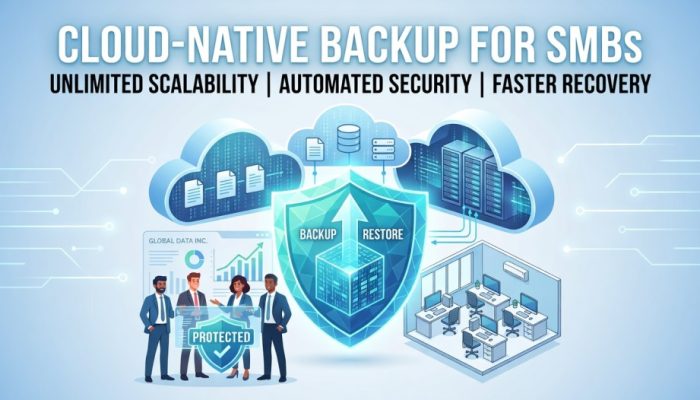 Isometric illustration of SMB team and office connecting data securely to cloud backup. Text: CLOUD-NATIVE BACKUP FOR SMBS.
